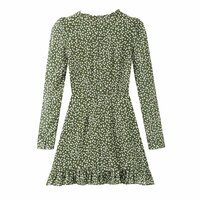 Retro style printed tie-up agaric collar ruffled hem long sleeve dress - Thumbnail 1