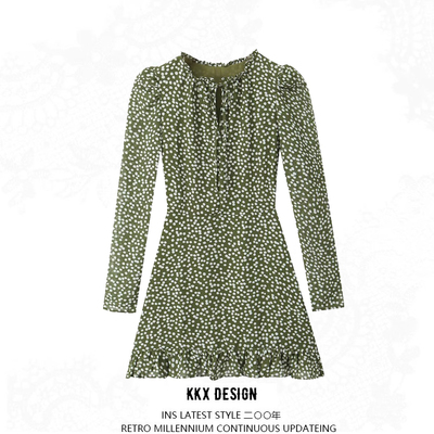 Retro style printed tie-up agaric collar ruffled hem long sleeve dress - Thumbnail 4