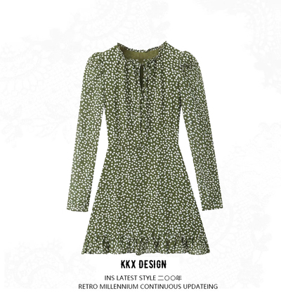 Retro style printed tie-up agaric collar ruffled hem long sleeve dress