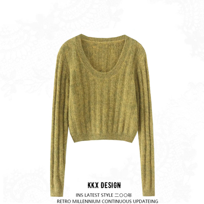 Retro round neck striped long sleeve short comfortable casual sweater