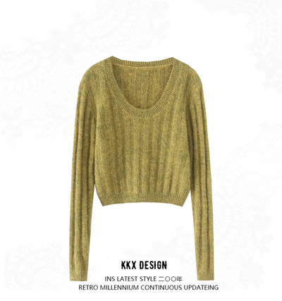 Retro round neck striped long sleeve short comfortable casual sweater