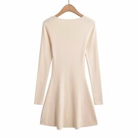 Single Breasted Short A-Line Long Sleeve V-Neck Dress - Thumbnail 1