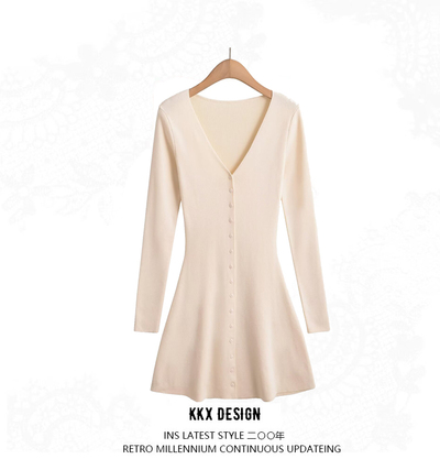 Single Breasted Short A-Line Long Sleeve V-Neck Dress