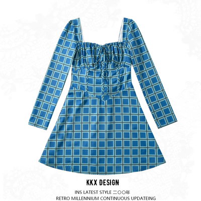 Vintage print slim fit long sleeve mini dress french square neck chic open back dress - Thumbnail 2
