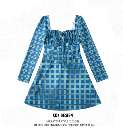 Vintage Print Slim Fit Long Sleeve Mini Dress French Square Neck Chic Open Back Dress