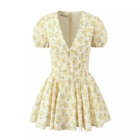 Puff Sleeve Mini Skirt French Deep V Sexy Short Princess Skirt - Thumbnail 2