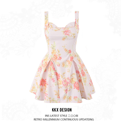 Floral print suspender tutu french square neck sexy slim fit mini dress