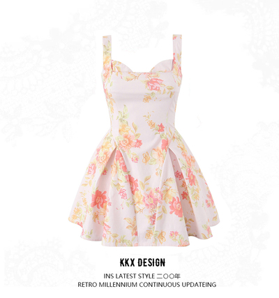 Floral Print Suspender Tutu French Square Neck Sexy Slim Fit Mini Dress