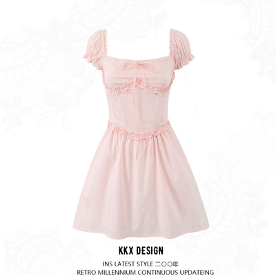Sexy waist-hugging back strappy short dress with sweet ruffled trims and mini skirt