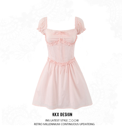 Sexy waist-hugging back strappy short dress with sweet ruffled trims and mini skirt