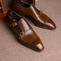 Mens brown handmade leather monkstrap shoes - Thumbnail 3