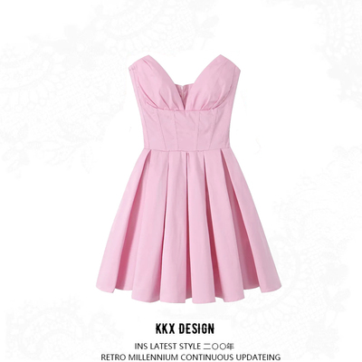 Deep v-neck waist pleated mesh fluffy backless pink tube top dress