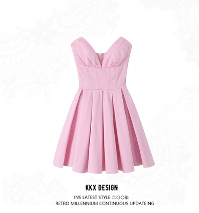 Deep V-neck waist pleated mesh fluffy backless pink tube top dress