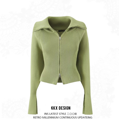 Retro lapel split long sleeve double zipper slim fit solid color knitted sweater