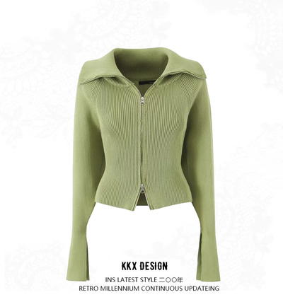 Retro lapel split long sleeve double zipper slim fit solid color knitted sweater