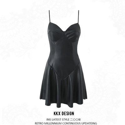 Pu leather pleated dress black sexy low-cut short waist suspender skirt