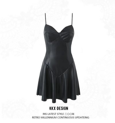 PU leather pleated dress Black sexy low-cut short waist suspender skirt