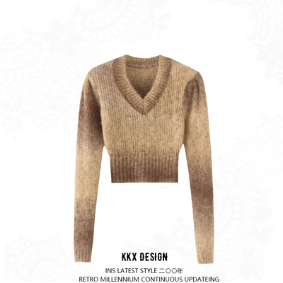 Retro v-neck long-sleeved sweater with shoulder pads and tie-dye high waist short pullover
