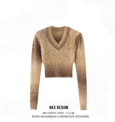Retro V-neck long-sleeved sweater with shoulder pads and tie-dye high waist short pullover