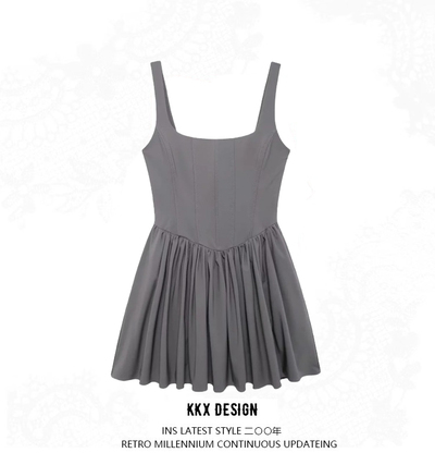 Retro Square Neck Suspender Dress with Pleated Short Skirt