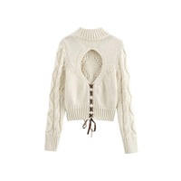 Turtleneck Pullover Sweater Open Back Cross Straps Eight-Strand Knit Cardigan Solid Color - Thumbnail 1