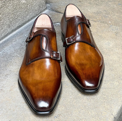 Mens brown patina leather monkstrap 