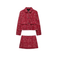 Shoulder Textured Tweed Lapel Suit Jacket Women's High Waist A-Line Skirt Pants Set - Thumbnail 5