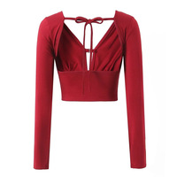V-neck metal button high waist cropped navel-baring T-shirt top - Thumbnail 1