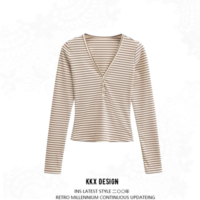 Deep v-neck button-down striped long-sleeved t-shirt