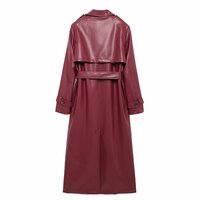 Lapel and belted long faux leather trench coat - Thumbnail 1