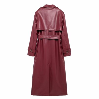Lapel and belted long faux leather trench coat