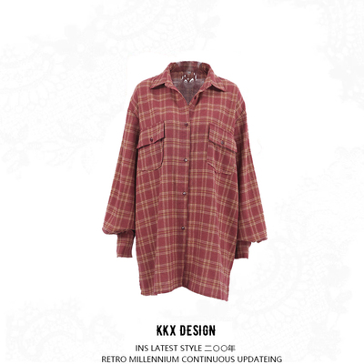 Vintage brick red tartan loose shirt