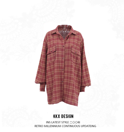 Vintage brick red tartan loose shirt