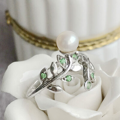 Free size green tsavorite white pearl ring natural freshwater pearl 925 sterling silver ring for women