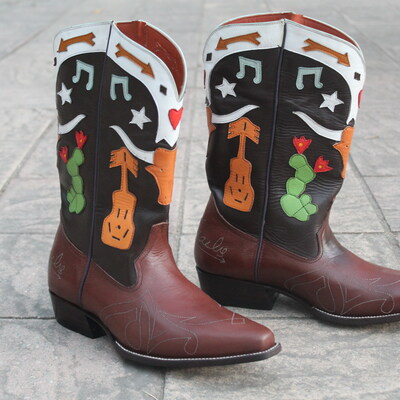 Crafted leather brown leather men cowboy pointed toe fancy long western boot  - Thumbnail 5