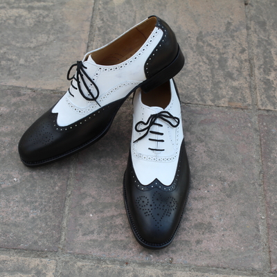  crafted leather handmade men black white calf leather dress wingtip lace up shoes 