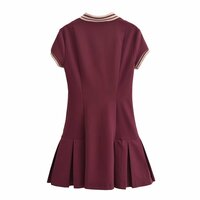 Retro slim waist contrast ribbed wide pleated dress - Thumbnail 1