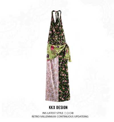 Halter neck knotted open back satin dress