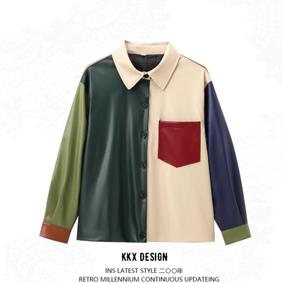 Fashionable and versatile simple stitching pu leather long-sleeved jacket