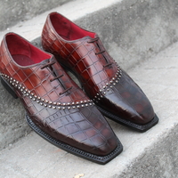 Crafted Leather Luxury Handmade Mens Unique Brown Crocodile Texture Leather Alligator Dress Fashion Oxford Shoes - Thumbnail 1