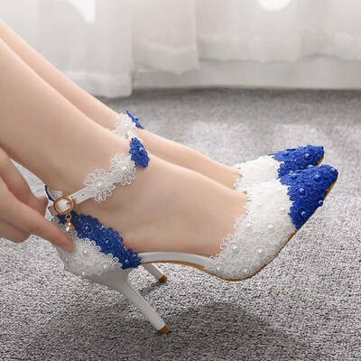 Chic blue and white lace floral banquet sandals-heel height 7.5cm