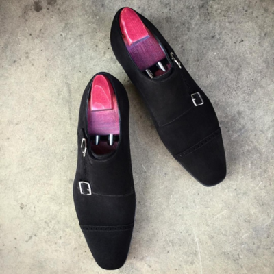 Handmade Men Black Suede Leather Double Monk Strap Dress Shoes
