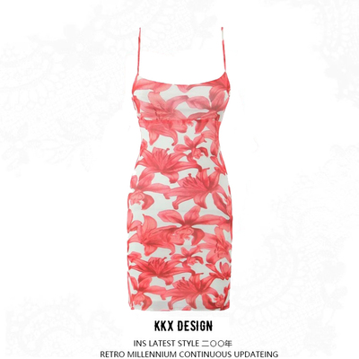 Mesh printed suspender dress sexy big backless slim hip-hugging short skirt