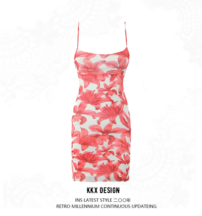 Mesh Printed Suspender Dress Sexy Big Backless Slim Hip-hugging Short Skirt