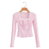 Lace Panel Square Neck Long Sleeve T-shirt Low Waist Bow Decorated Slim Fit Hottie Shorts Set - Thumbnail 4