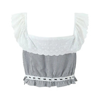 One-shoulder collar, cuffed contrast color sleeveless vest, elastic waist, sweet striped skirt suit - Thumbnail 1