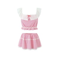 One-shoulder collar, cuffed contrast color sleeveless vest, elastic waist, sweet striped skirt suit - Thumbnail 6