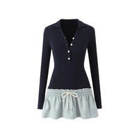 Lapel half-button long-sleeved knitted dress with contrasting drawstring pleated skirt - Thumbnail 4