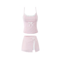 Lace stitching bow camisole design side stripes anti-exposure skirt suit - Thumbnail 5