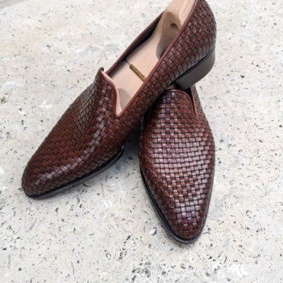 Handmade men brown woven leather loafers dress shoes